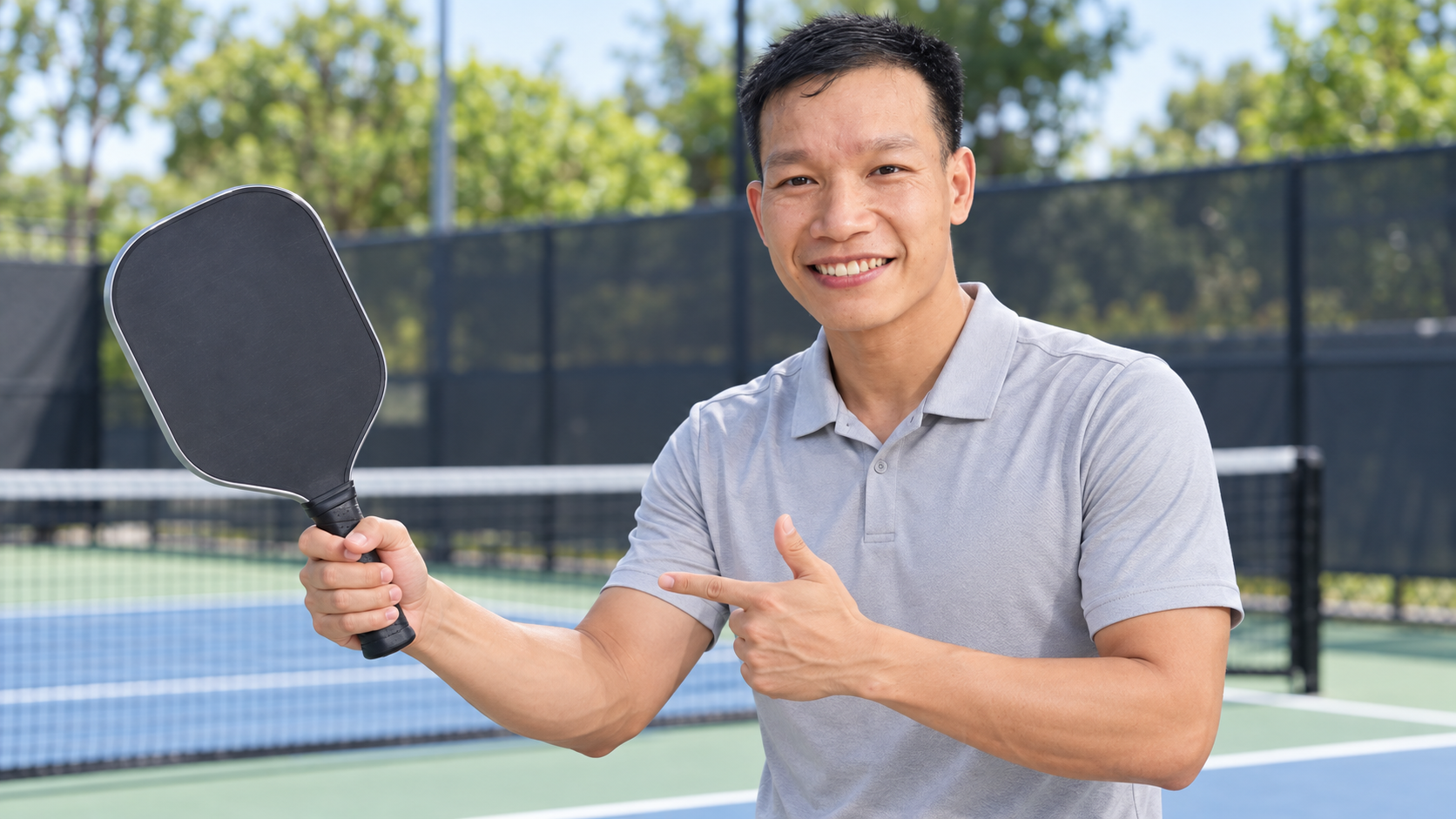 Coach Kim minh họa cách cầm cán vợt Pickleball cho người mới