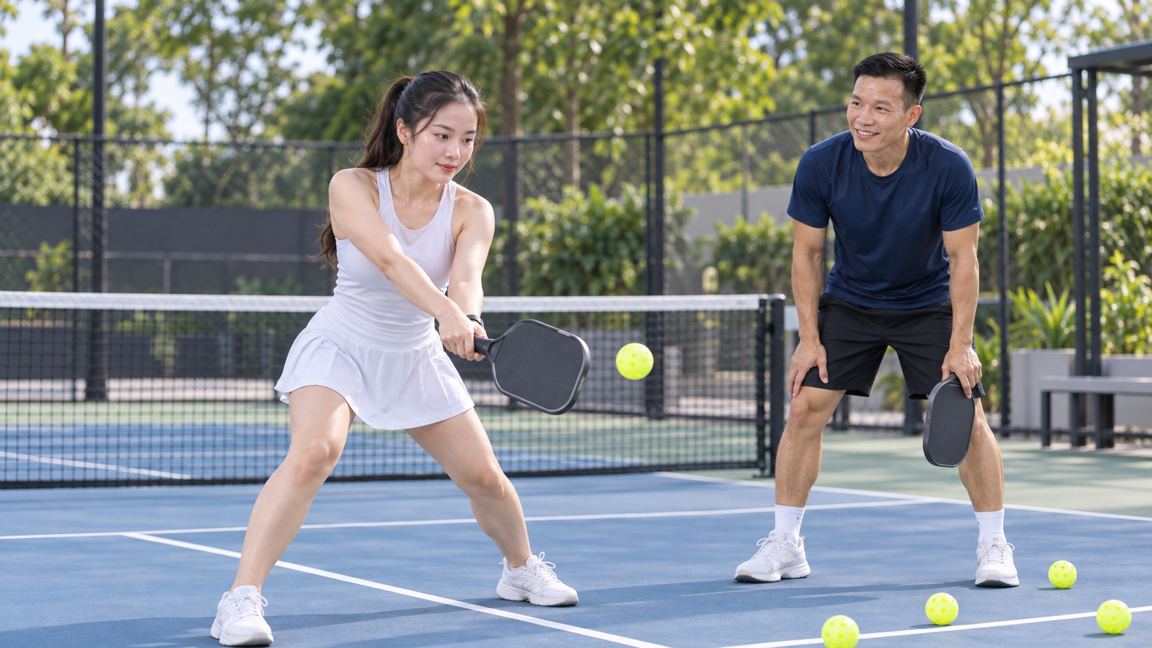 Coach Kim hướng dẫn người mới tập tư thế sẵn sàng trên sân Pickleball