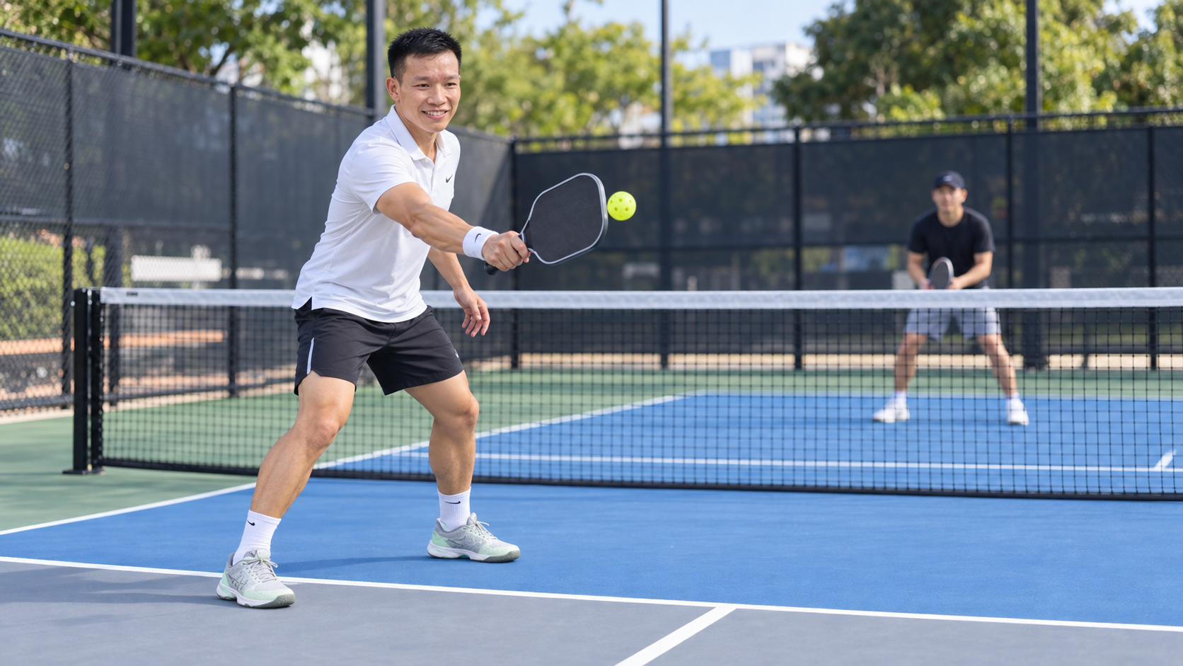 Coach Kim minh họa luật vùng gần lưới trên sân Pickleball