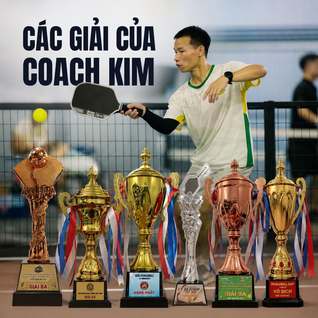 Bộ sưu tập cúp và huy chương các giải pickleball phong trào của Coach Kim